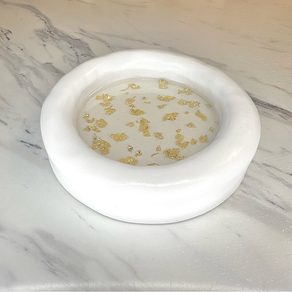 Gold Flake Jewelry Dish - Handmade - White